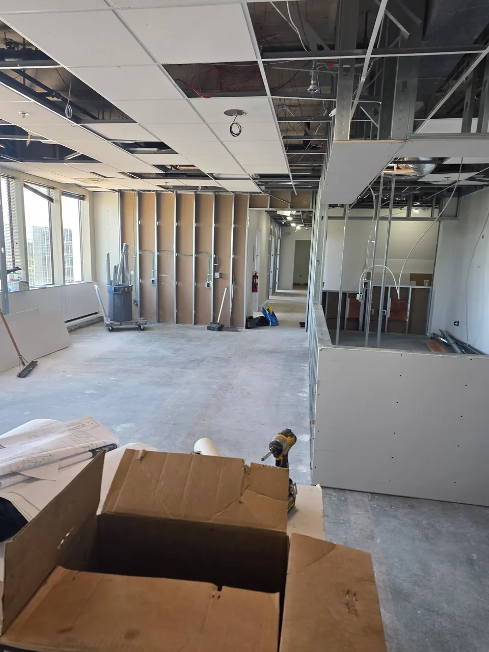 Drywall and bulkhead framing in progress at the medical office nurse station